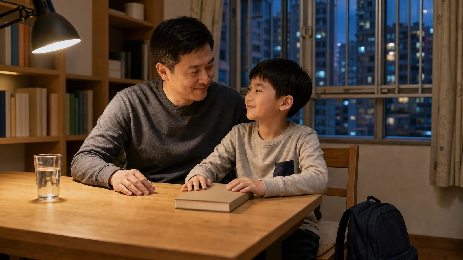 夜晚枱燈下一張收拾乾淨的書桌：一本合上的書、一杯水，書包已靠在椅腳。