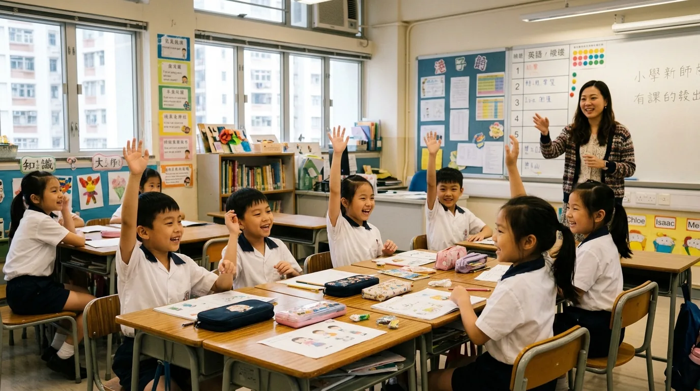 香港小學低年級課室，學生穿著校服開心投入上堂，幾位舉手回答，老師在前方講解。
