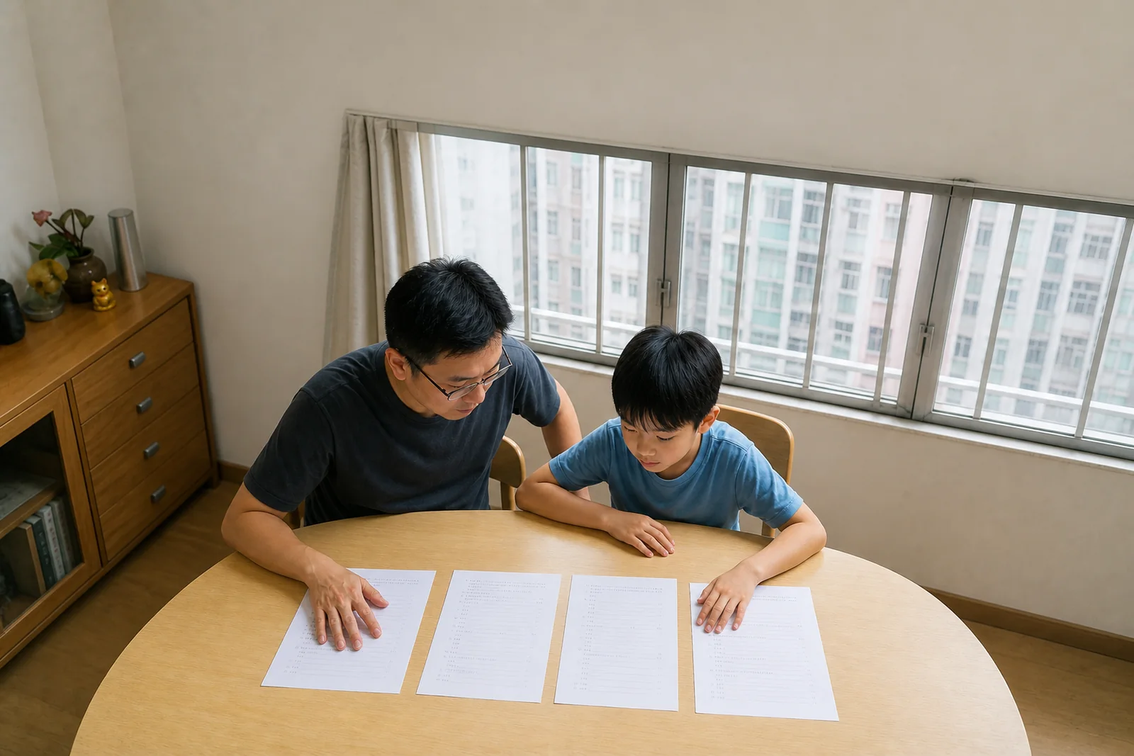 俯視枱面,四份舊卷攤開重疊,一隻手正在整理其中一份。