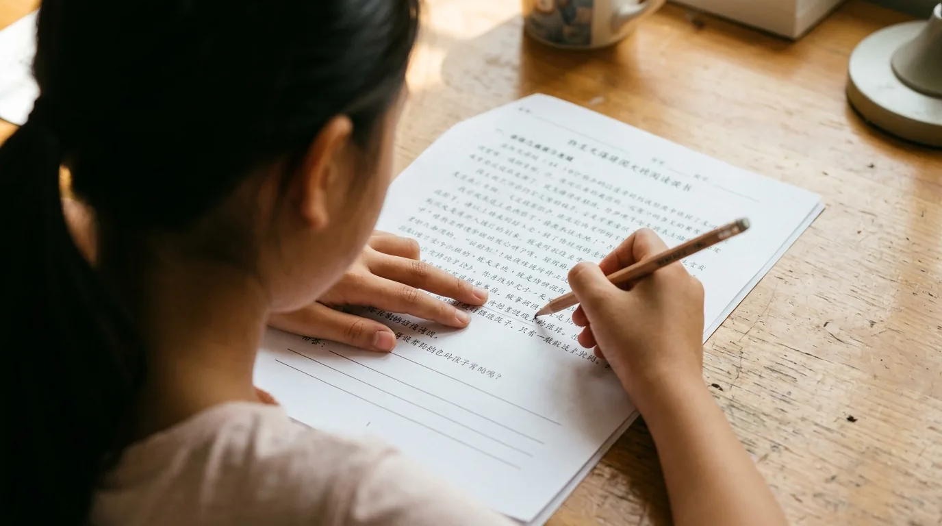 書桌上一份中文閱讀理解練習，孩子一手指著文章的一行、一手執筆閱讀。