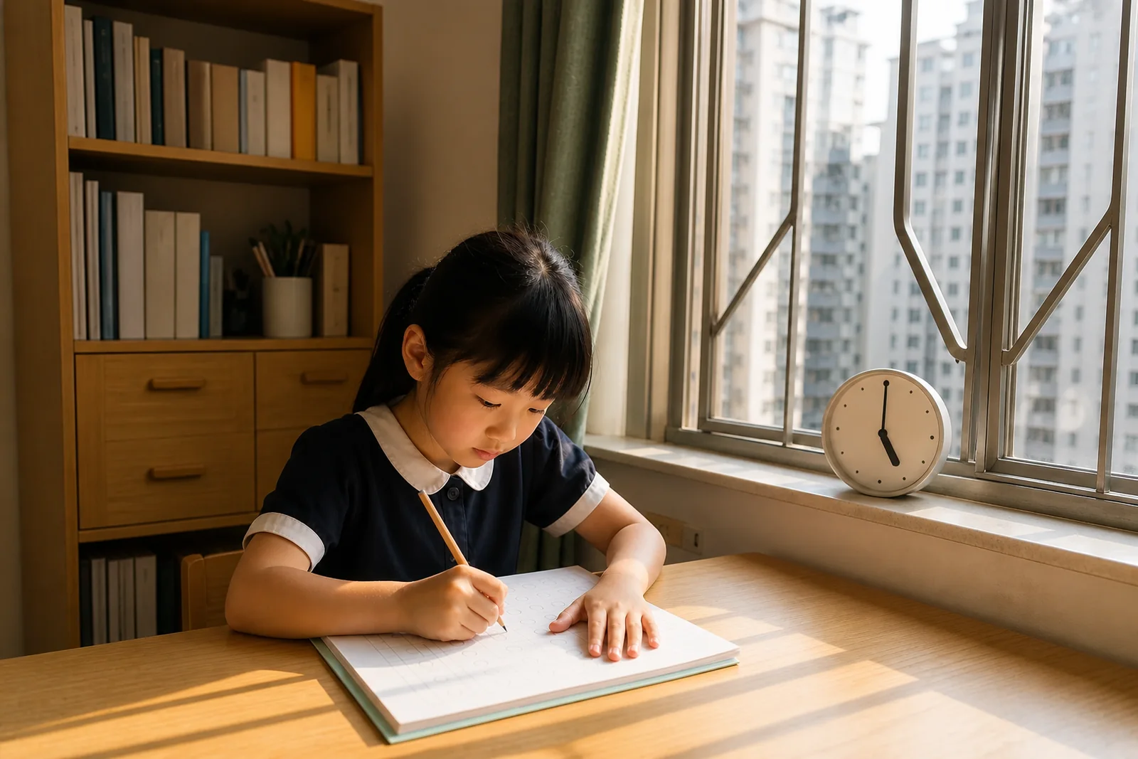 窗邊書桌上一本攤開的書和一個小座枱鐘,午後陽光在枱面拉出長影。