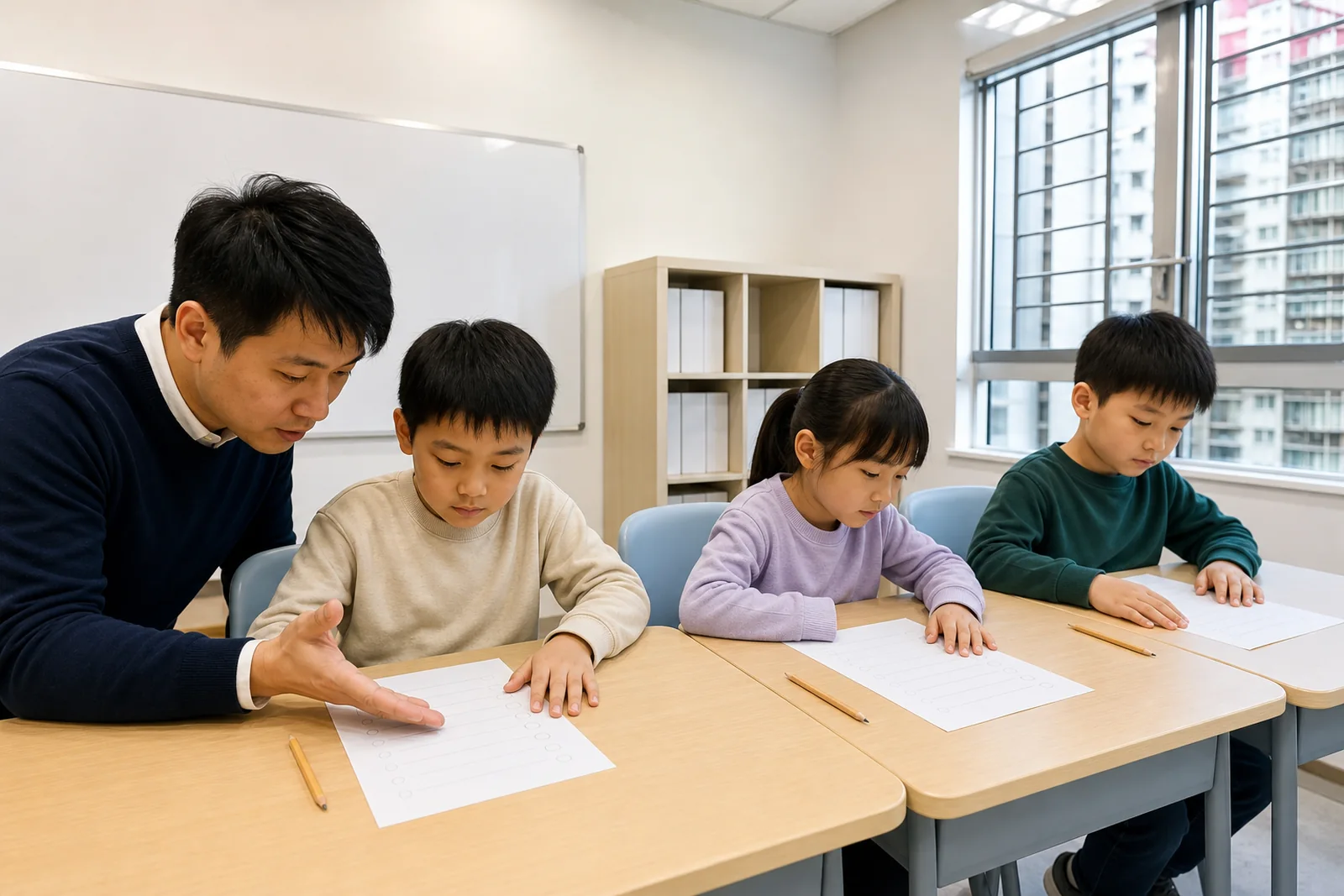 一位導師在香港補習中心的小班課室內，俯身向一位小學生講解桌上的練習。