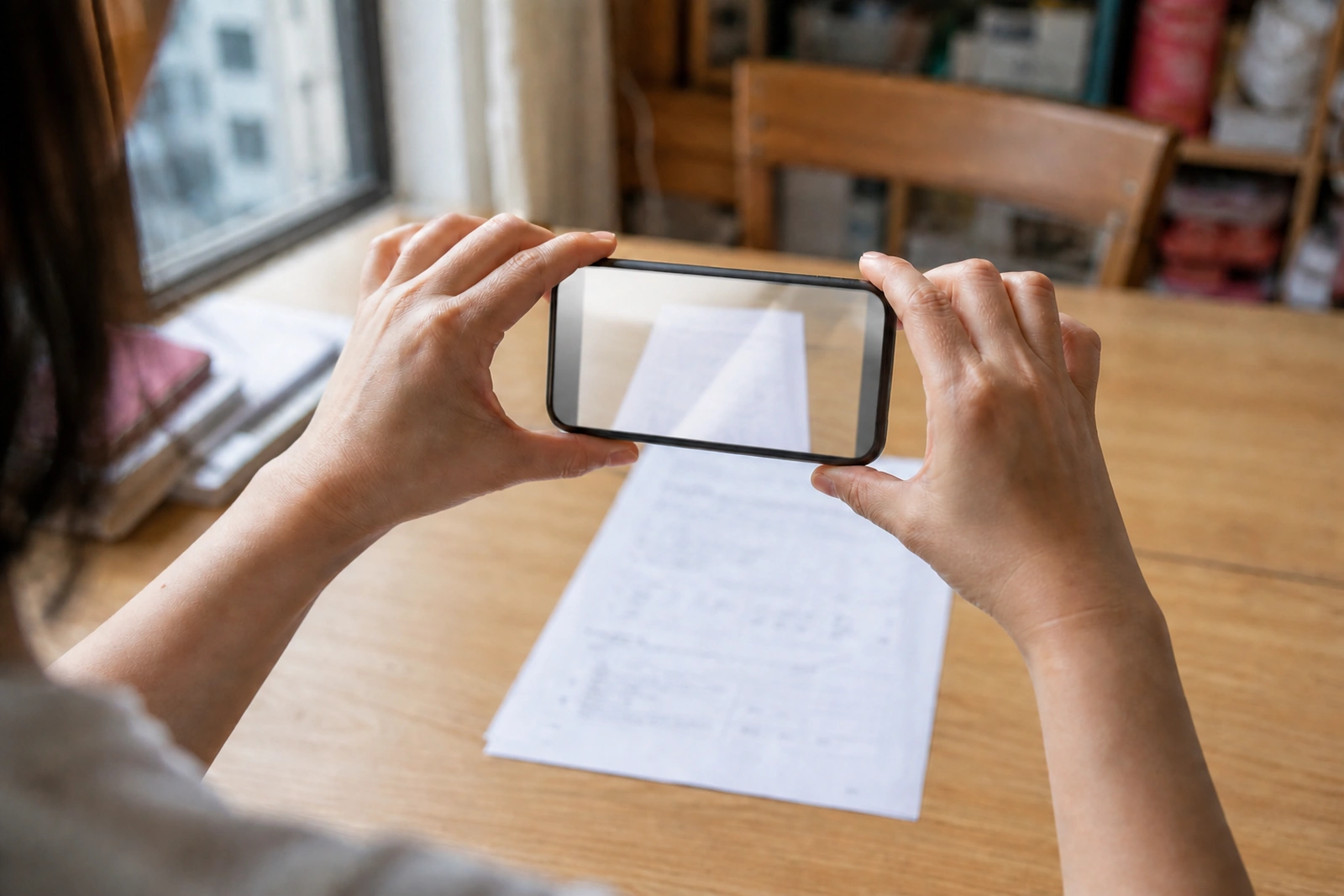家長用手機拍攝桌面上的一份試卷。
