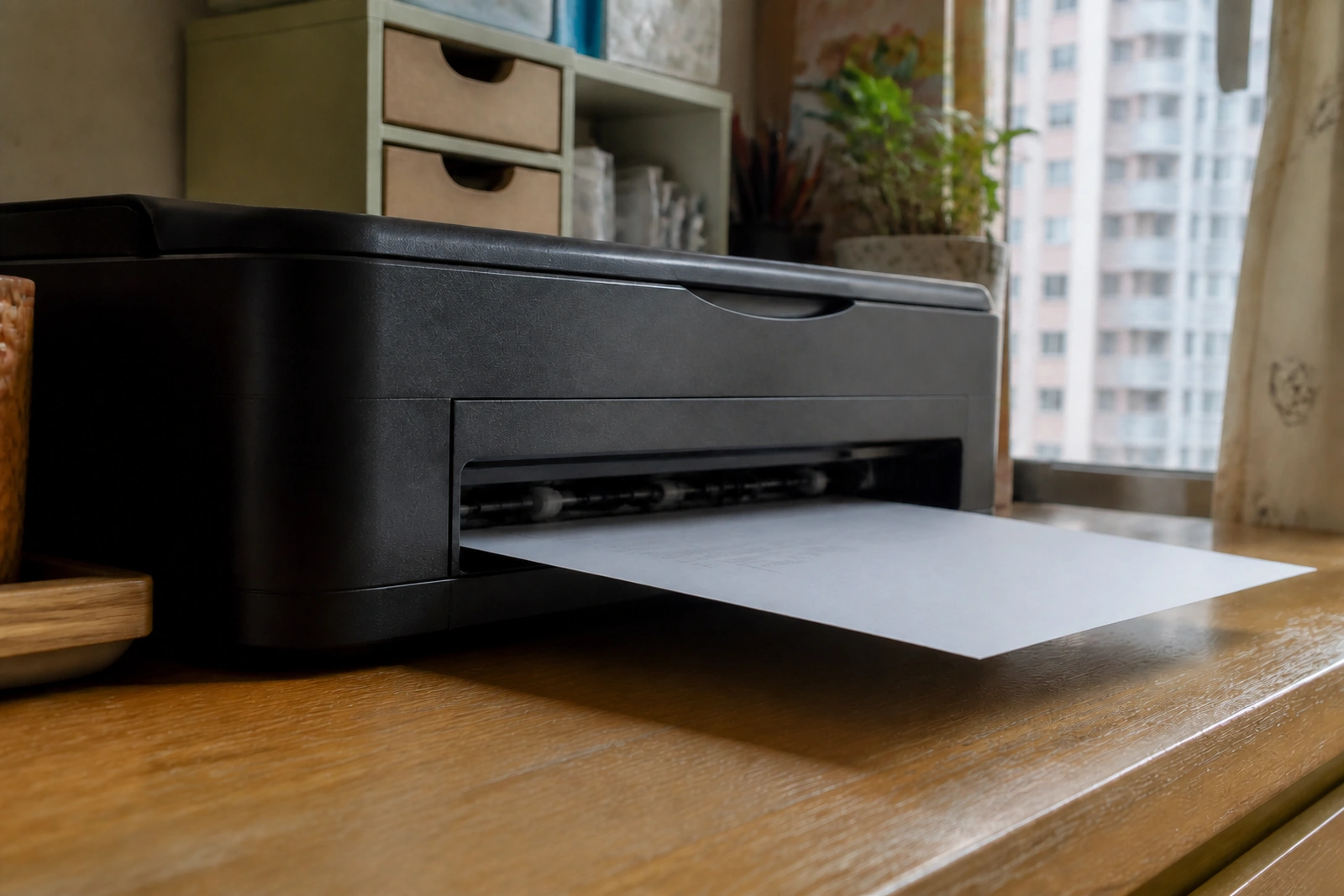 A home printer with a sheet emerging from the output tray.