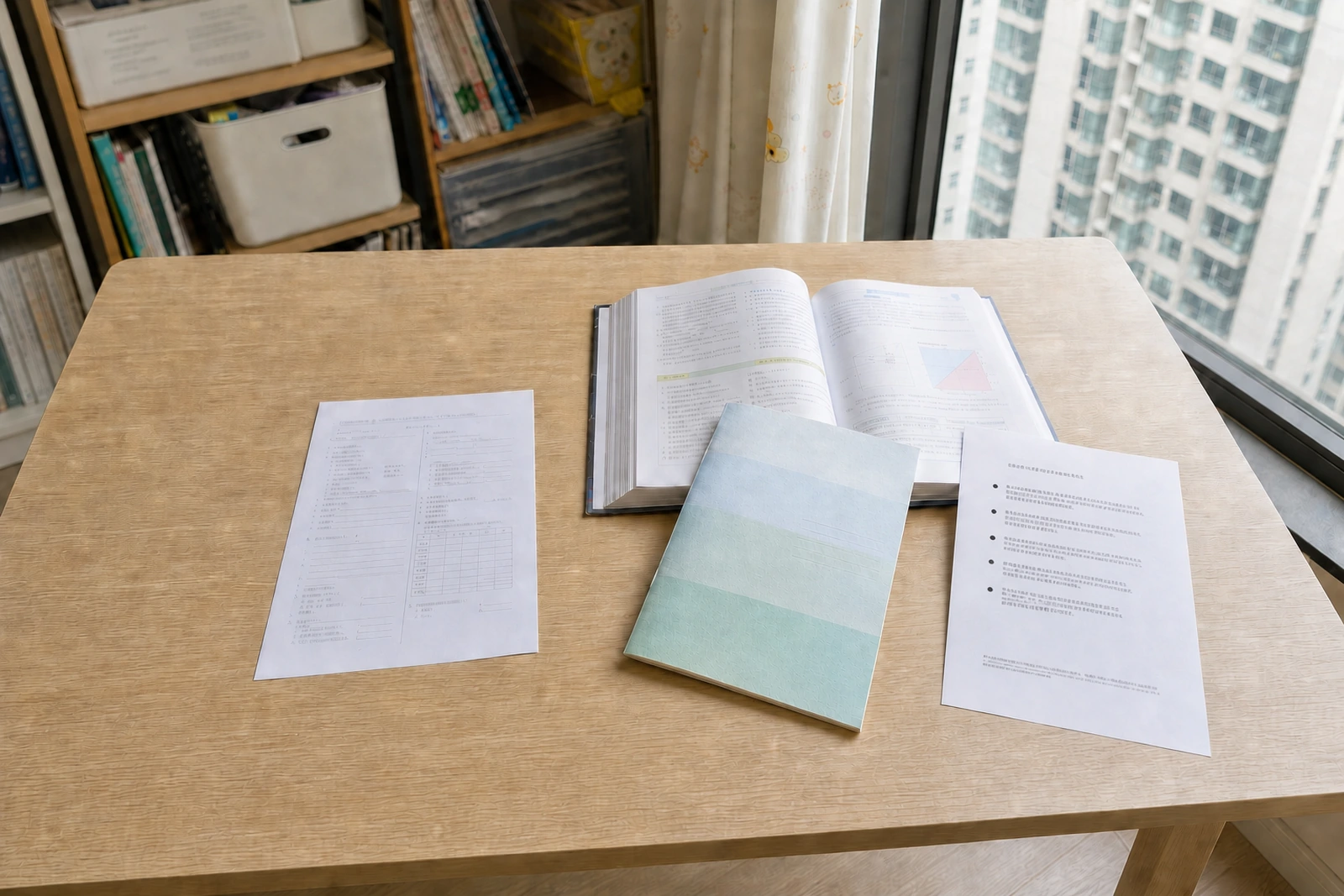 A printed exam paper on a desk beside an open textbook, an exercise book and a printed school revision-scope notice.